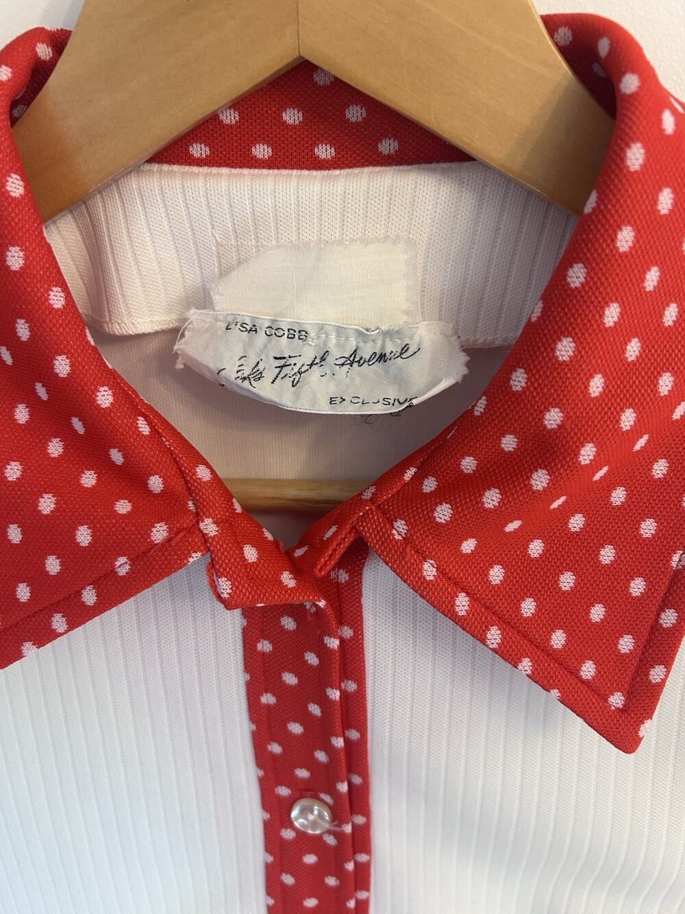 Vintage 70s Saks Fifth Avenue White Red Polka Dot Long Sleeve Blouse Top Large
